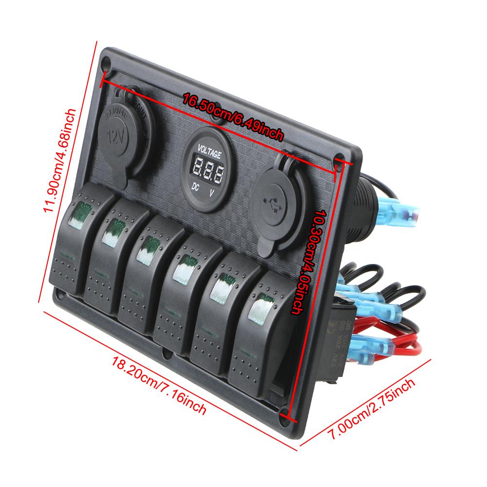 4.2A Dual USB Slot Socket 6 Gang Rocker Switch Panel Digital Voltage Display for Marine Boat Car Rv Vehicles Truck Yacht