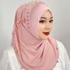 Ramadan Hijab Breathable Islamic Headscarf Beaded Flower Turban Headband Shawl Solid Color Head Wraps Hat