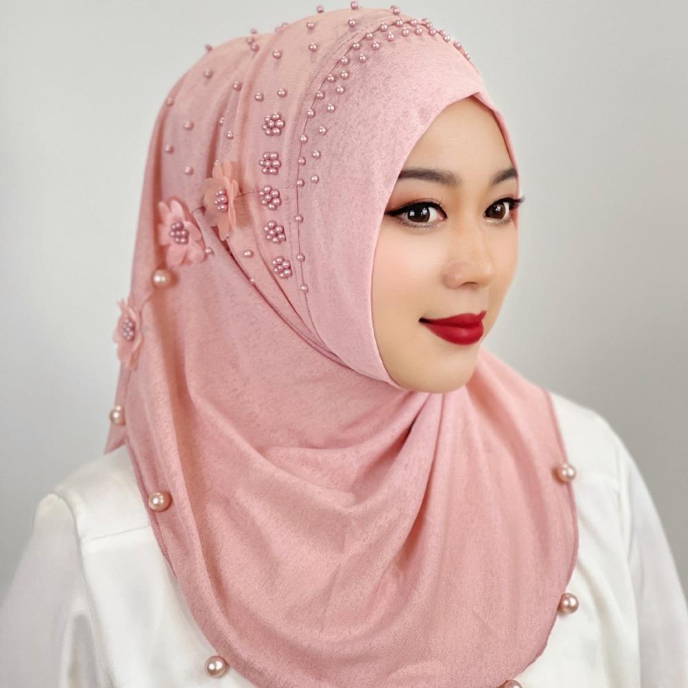 Ramadan Hijab Breathable Islamic Headscarf Beaded Flower Turban Headband Shawl Solid Color Head Wraps Hat