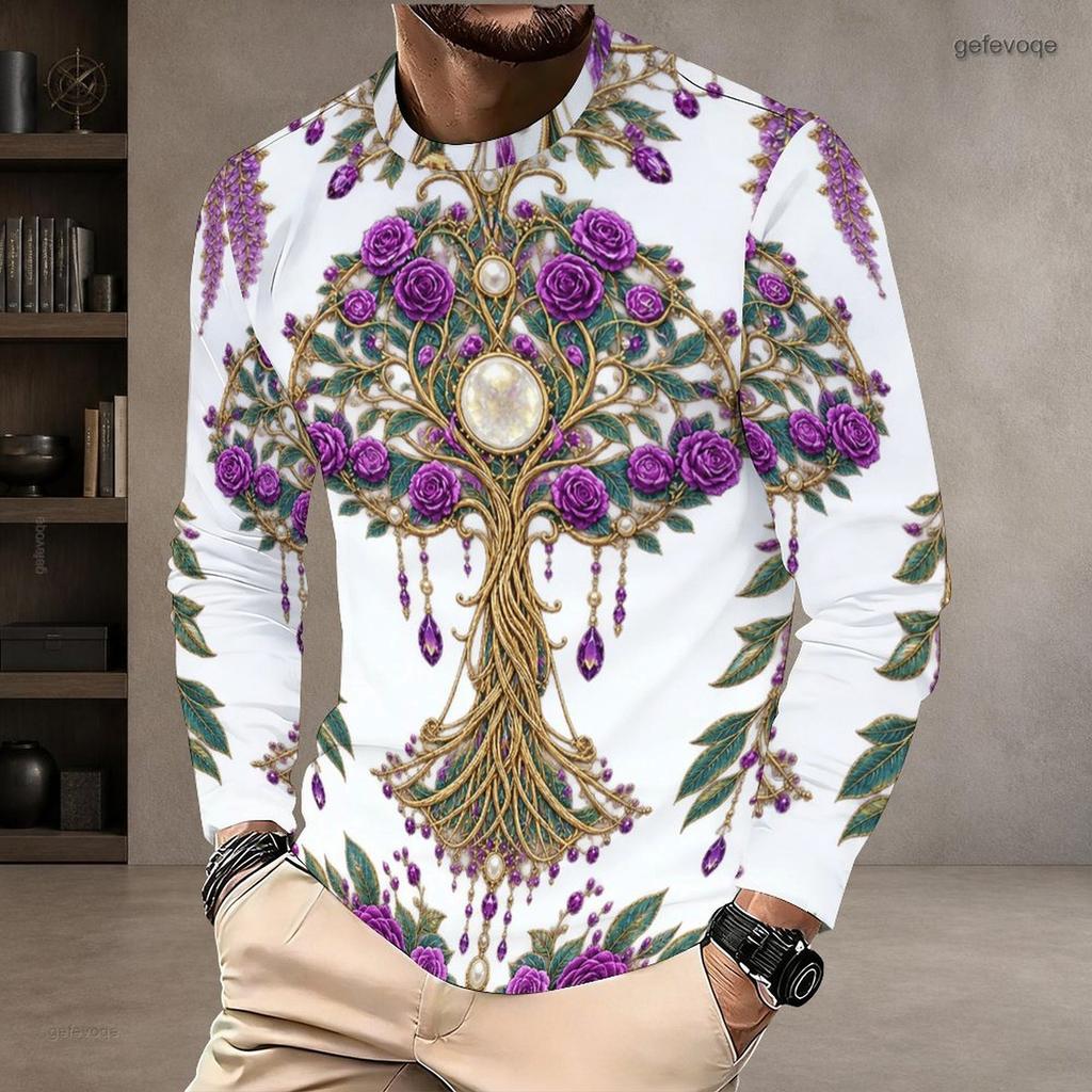 Men s Plus Size Round Neck Long Sleeve Black Golden Printed Straight Hem Pullover T Shirt