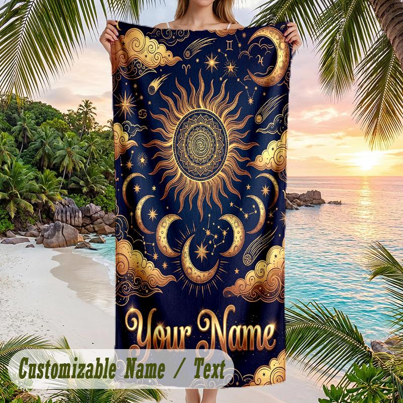 Celestial Dreams Stars Theme Quick Dry Beach Towel Custom Name Text Print Large Sand Resistant Towel Beach Vacation