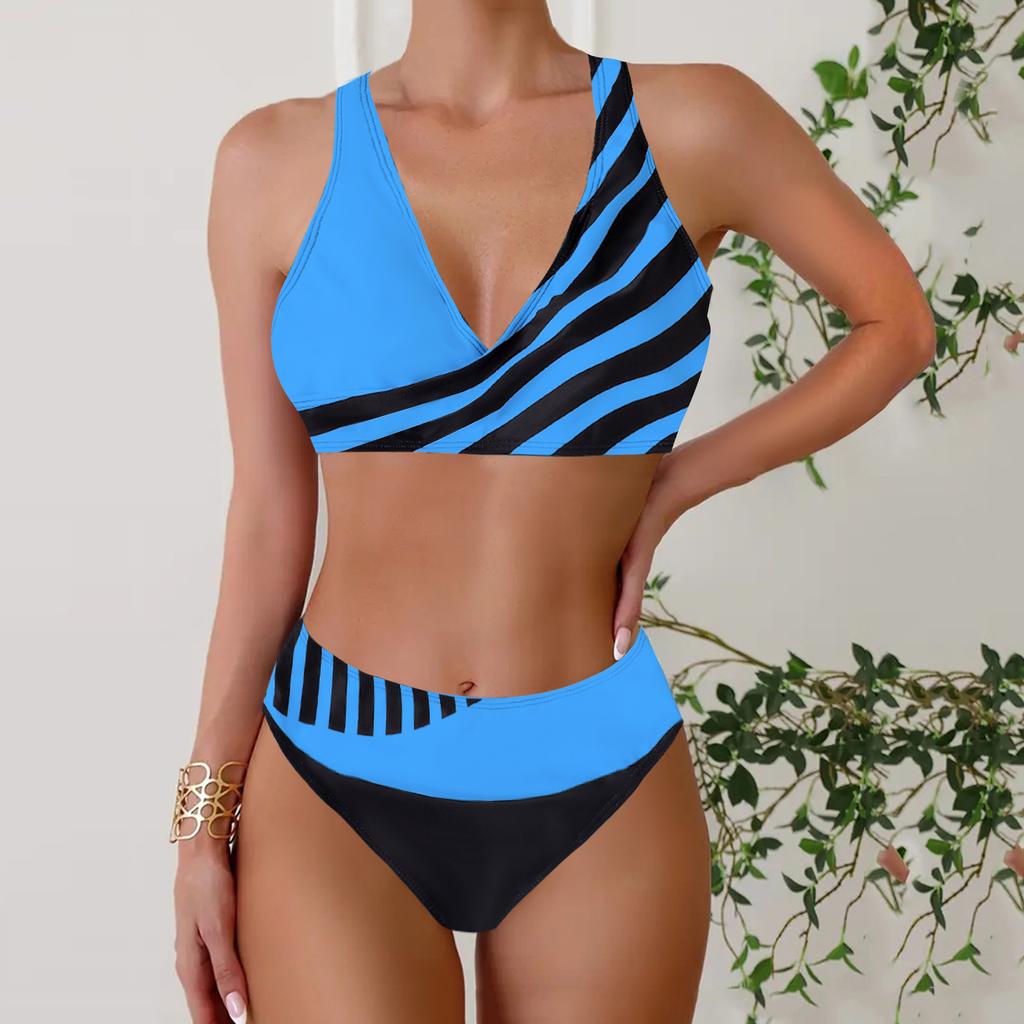 Women's Halter Half Edge Stripe Print Bikini Tankini Swimsuit