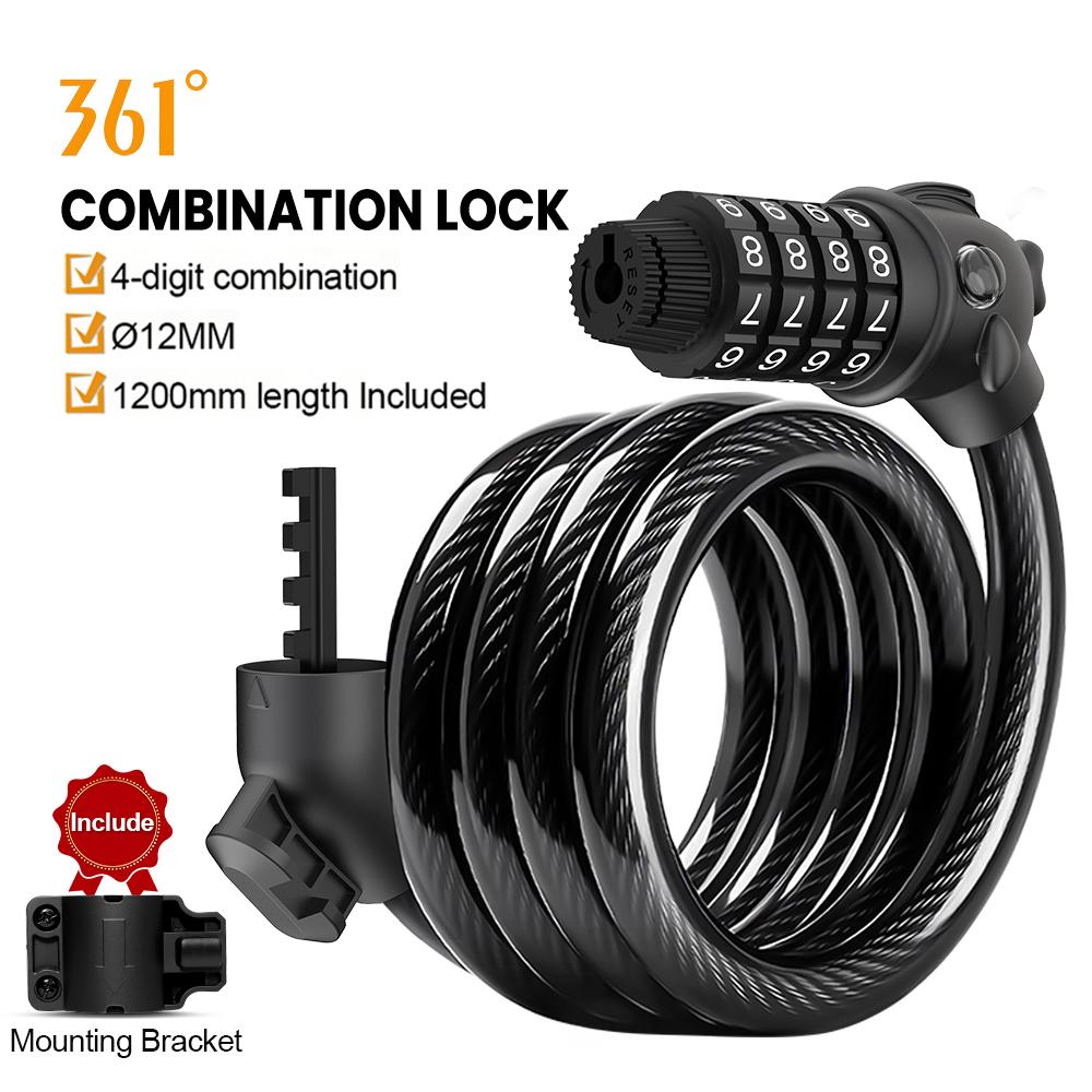 361 Degrees Bike Lock 4 Digit Code Combination Cable Lock Stronger Anti Theft Bike Cable Locks for Bicycle MTB Electric Scooter 4