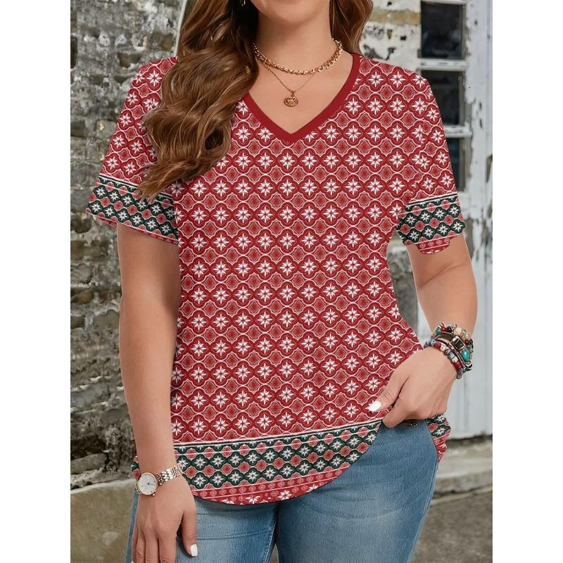 Summer Ethnic Style Floral 3D Print T-Shirts Women's V-Neck Short Sleeve T Shirt Y2k Harajuku Tees Casual Tops Female Clothing