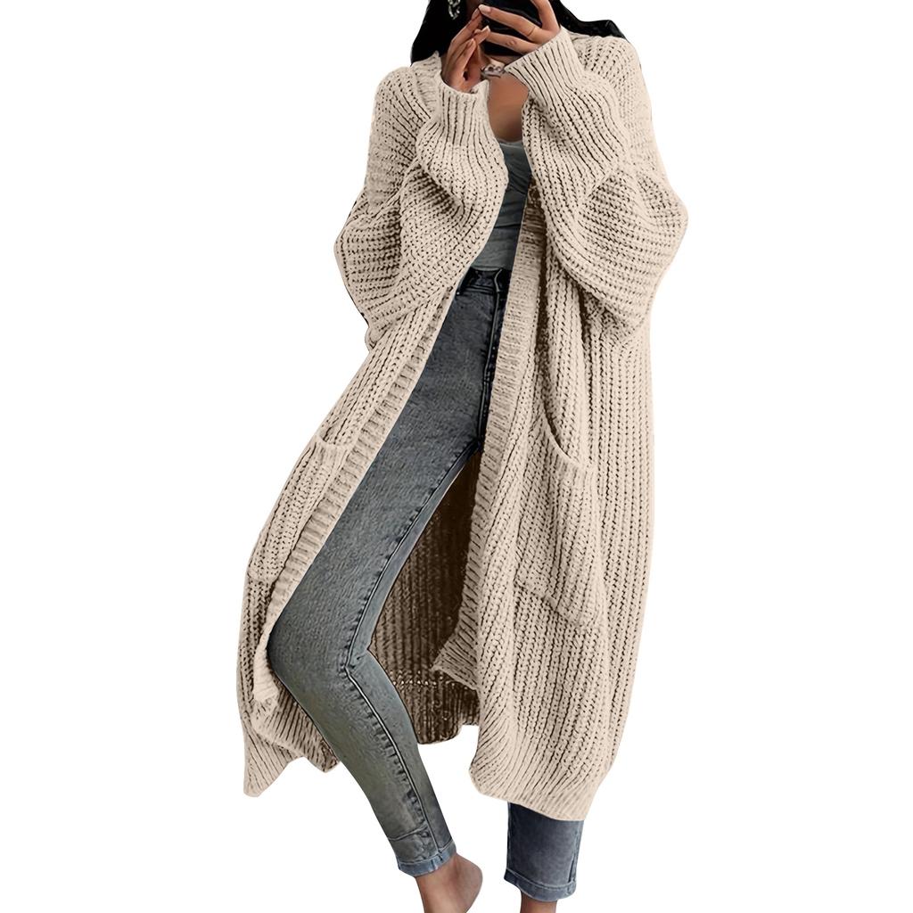Women's Solid Color Long Sleeved Knee Length Knitted Cardigan, Lazy Trend, Medium Long Hair Jacket