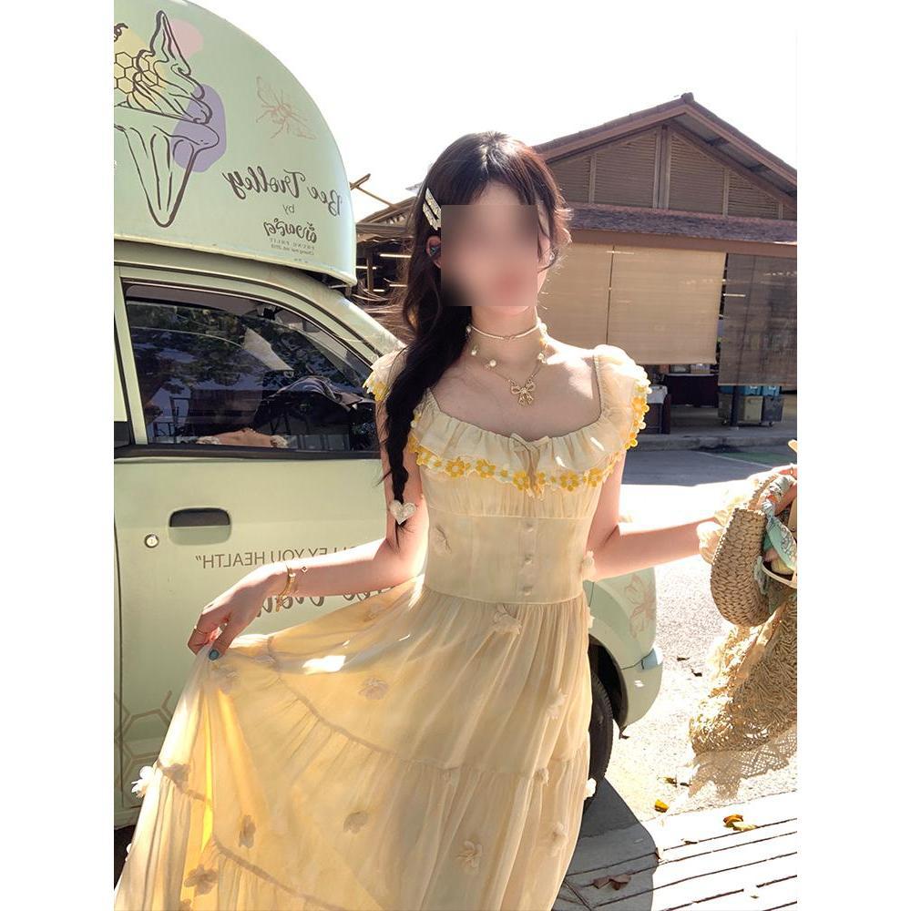 

Синее длинное платье-сарафан с принтом и маленькими рукавами-крылышками для пожилых женщин, весеннее, милое и стройнящее XL- (recommended 110-60kg) светло-желтого