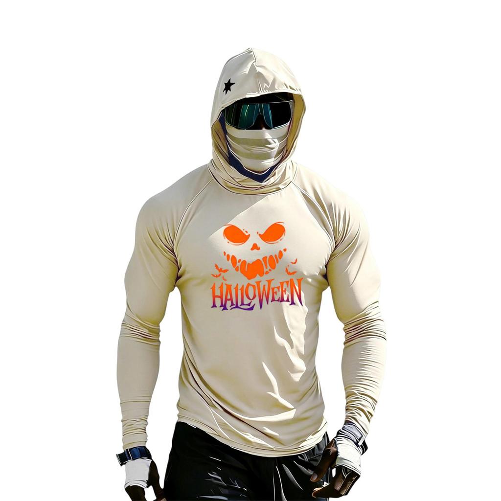 Men's Casual Raglan Color-Block Hooded Long Sleeve Sun T-Shirt with Halloween Print (Sunglasses Not Included)