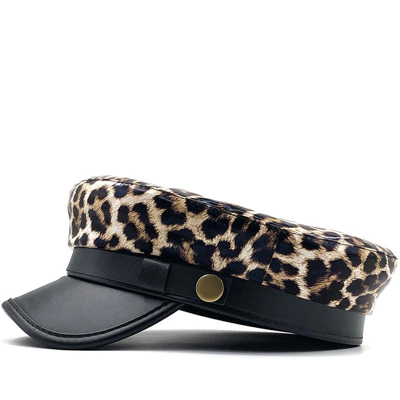 Leopard print hat, leather-brimmed military hat for men and women, leather flat-top hat, literary youth hat, European and American hat.