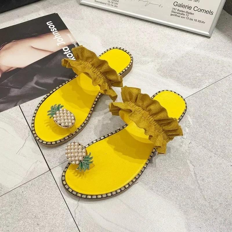 2025 Women Slipper Pineapple Pearl Flat Toe Bohemian Summer Beach Sandals Ladies Shoes Outdoor Leisure Plus Size Mujer Verano