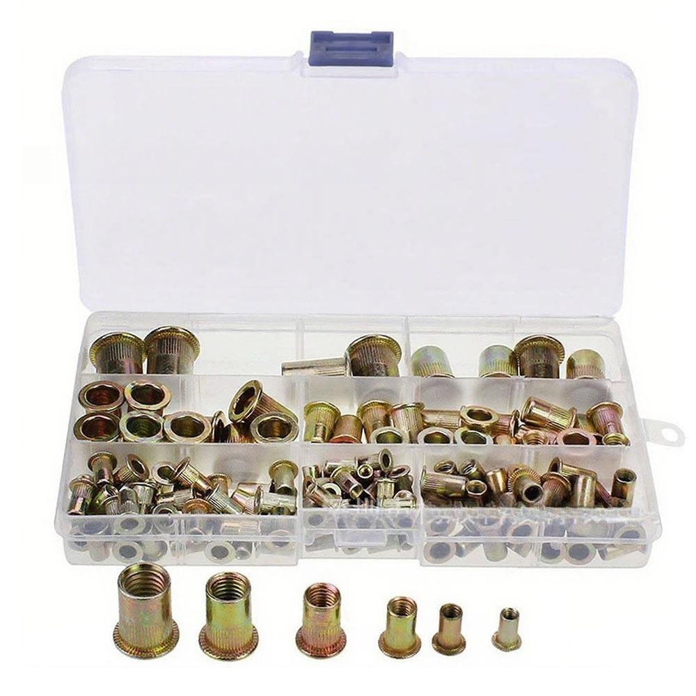 175Pcs Boxed Flat Vertical Grain Rivet Nut M3-M10 Color Zinc Plated Carbon Steel Blind Rivnut Set