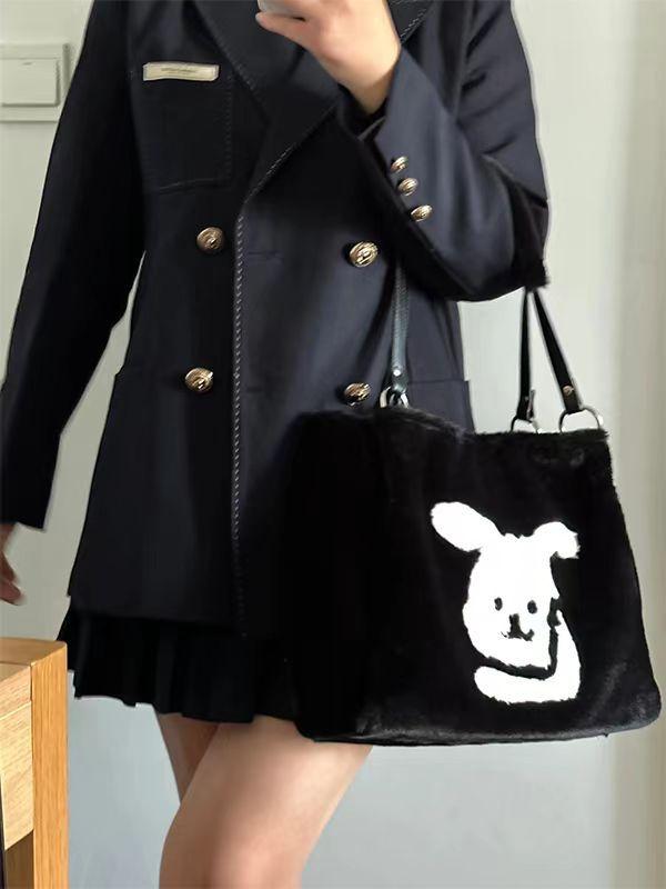 

Wofanyi нишевая высококачественная сумка-тоут с изображением пушистого кролика 2024 года, новая симпатичная плюшевая сумка-тоут одинарная чёрный