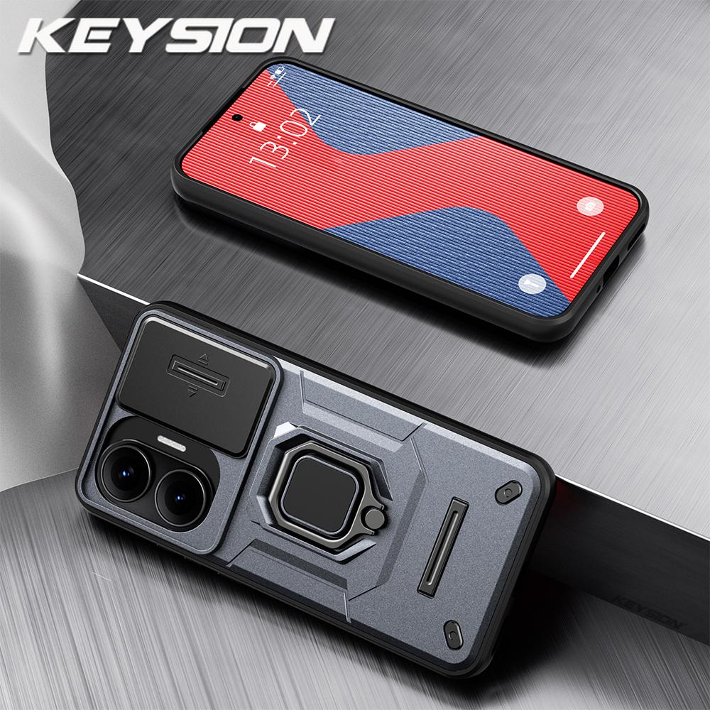 

KEYSION Противоударный бронированный чехол для Xiaomi POCO F7 5G со сдвижной защитой объектива камеры, кольцом-подставкой, чехол для телефона для Redmi Turbo 4 Pro for POCO F7 серый
