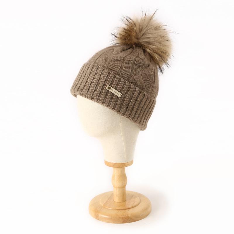 Pure Cashmere Autumn and Winter New Style Women's Casual Warm Ear Protection Large Cable Wool Ball Toe Knitted Hat