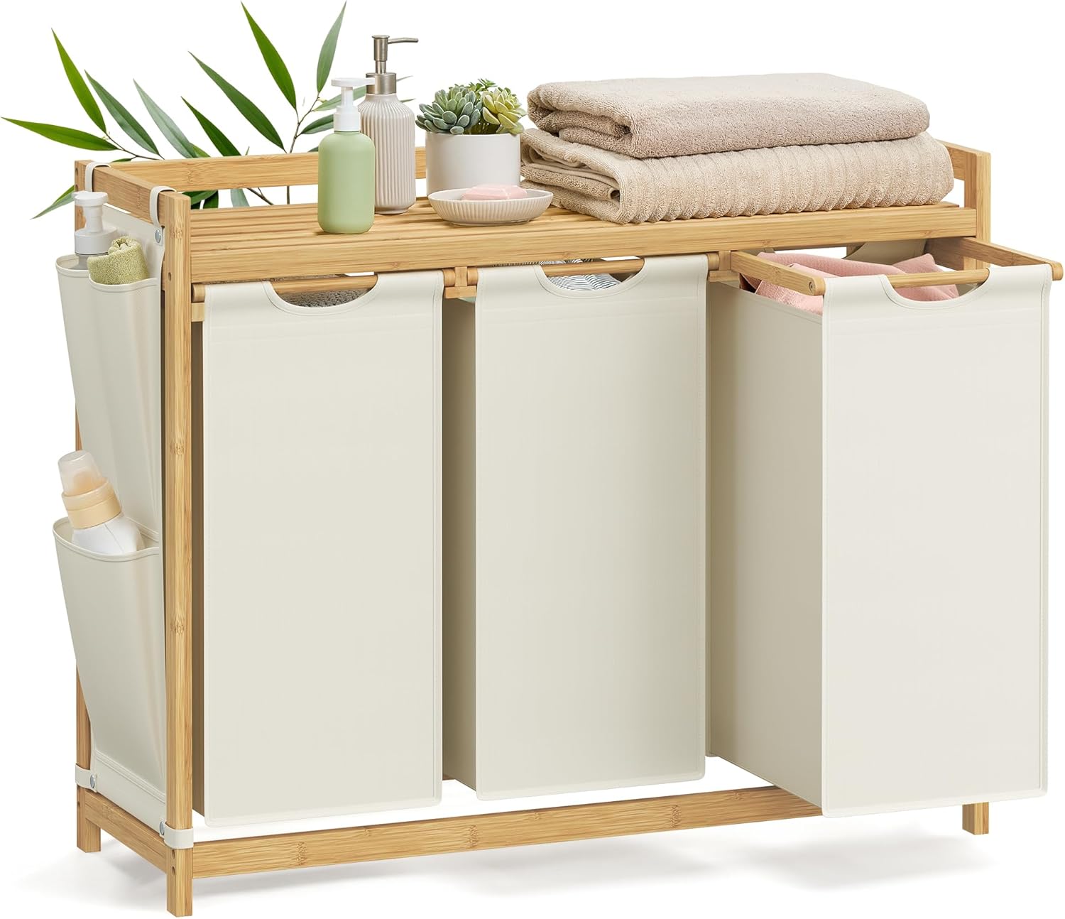 Coș de rufe SONGMICS cu 3 compartimente, Coș de rufe, Capacitate până la 150 L, Sortor de rufe, cu raft, Geantă de rufe, Buzunare laterale, 3 x 50 L alb