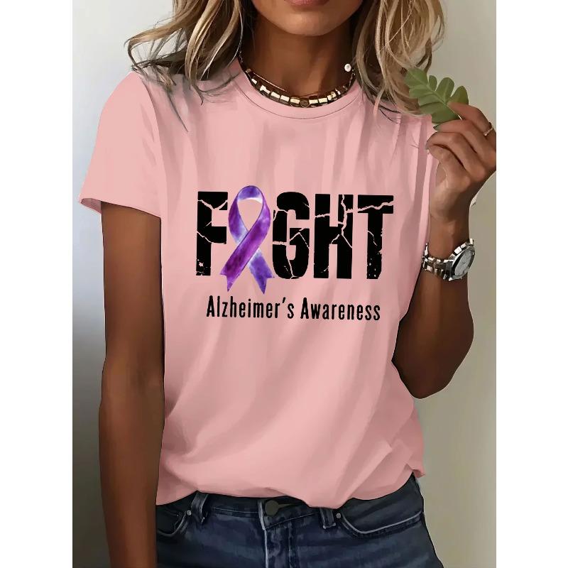 Womens Fight Alzheimers Awareness Print Short Sleeve TShirts Summer Casual Tops Tees