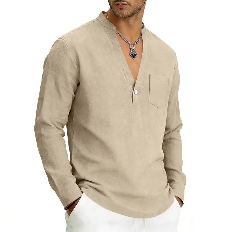 Loose-fit, breathable men’s casual linen shirt with a wide V-neck and a stand-up collar, ideal for outdoor wear
