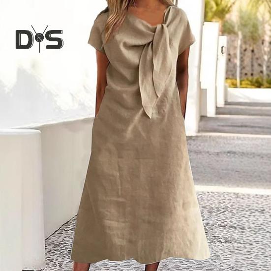 Women Midi Dress Decorated Collar Straps Short Sleeve Dress Solid Color Loose Fit Summer Casual Dress