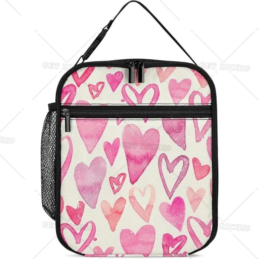 Cute Love Heart Pink Lunch Bag for Women Men Valentine's Day Theme Reusable Insulated Cooler Box for Work Office Picnic