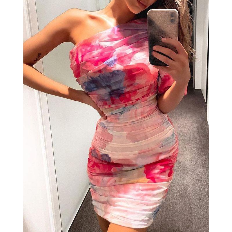 Women's Floral One Shoulder Slim Dress Women's Pink One-Shoulder Pleated Floral Tight Skirt