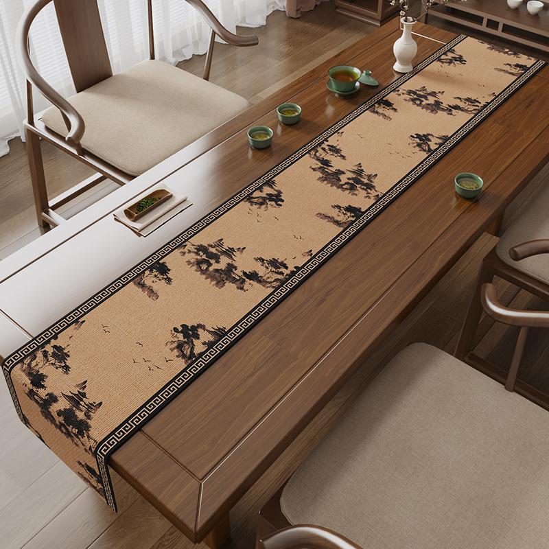 Chinese Calligraphy Table Flag Zen Tea Party Chinese Style Light Luxury High-end Tea Table Mat Long Tea Tablecloth
