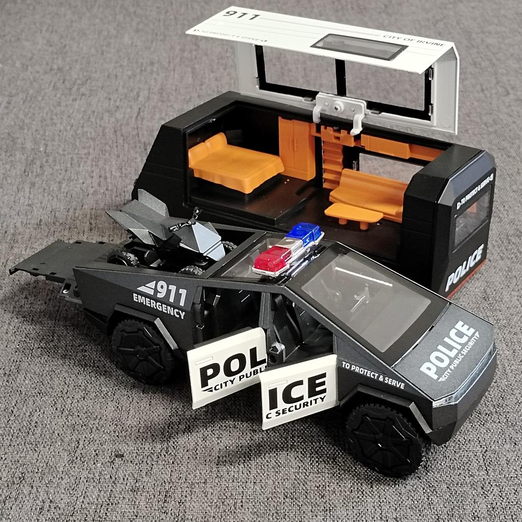 1/32 Tesla Police Cybertruck Trailer Off Road Pickup Truck Diecast Model Car Alloy Children's Toy RV Sound & Light Music Birthday Gift
