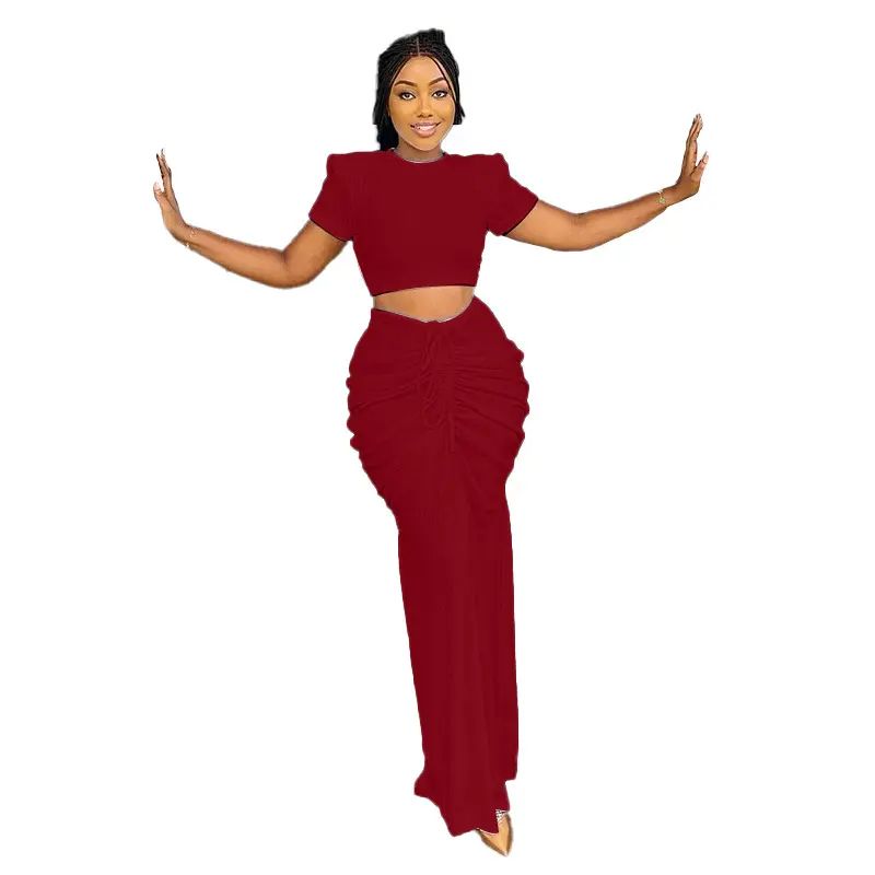 

European and American Summer Set Tight Shirred Skirt Sexy Short sleeve Pleat Waist-Exposed Long dress Set Long Skirt Set Burgundy XXL