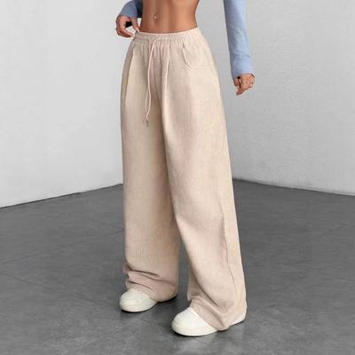 Damen Cordhose Retro Weites Bein Hohe Taille Elastischer Bund Locker Lässig mit Seitentaschen