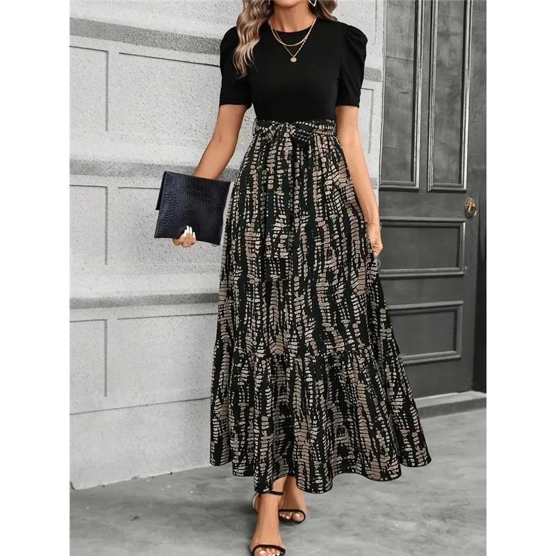 Floral Print Round Neck Dress, Exotic Holiday Style Elegant Dress