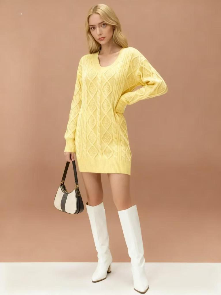 2025 Autumn/Winter Women's Mid-Length V-Neck Cable Knit Dress
