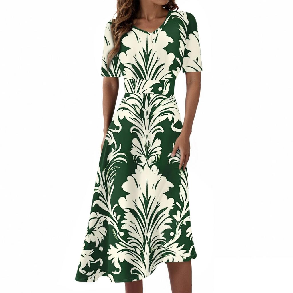 Damen Freizeitmode Kleid mit Blumendruck, V-Ausschnitt, kurzen Ärmeln und taillenlang