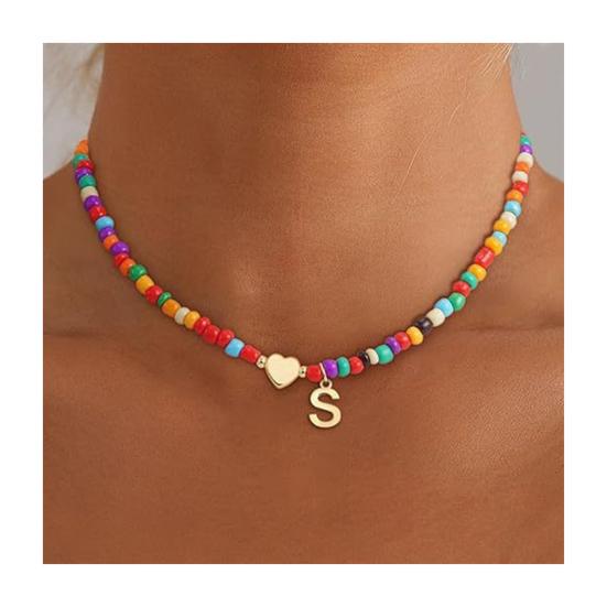 Colier Guler cu Mărgele Femei Colier cu Mărgele Colorate Colier cu Pandantiv cu Inițială Guler cu Inițială în Formă de Inimă Cadou de Ziua de Naștere pentru Fete Soție Prietenă