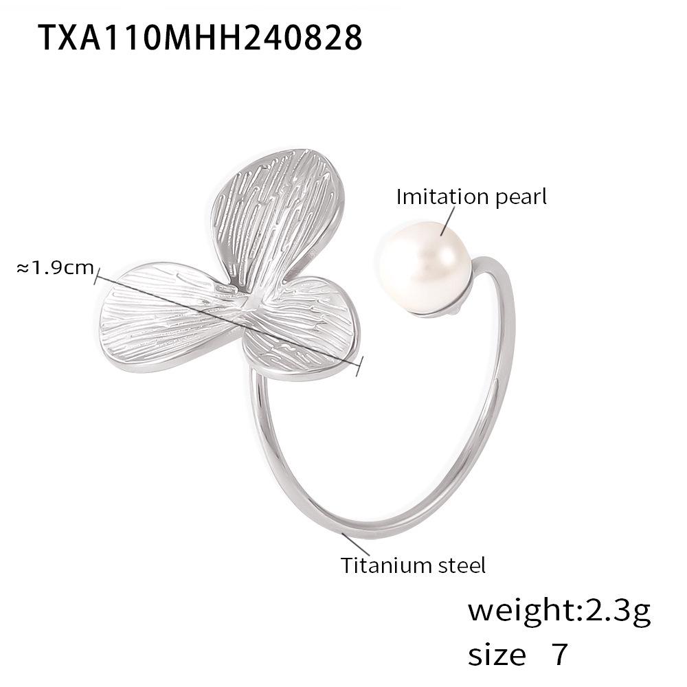 Pearl Flower 18K Gold Adjustable Titanium Steel Ring & Fashion Earrings Set