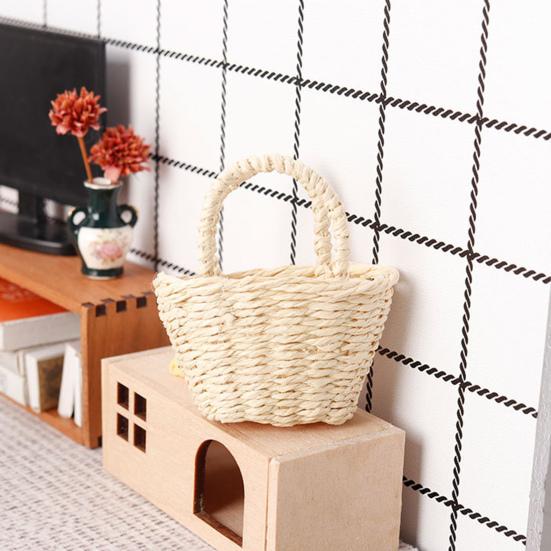 Yousheng 1:Dukkehuskurv i skala 12 Mini flettet kurv med håndtak Mikroscene Vevd oppbevaringskurv med blondekant for dukkehustilbehør