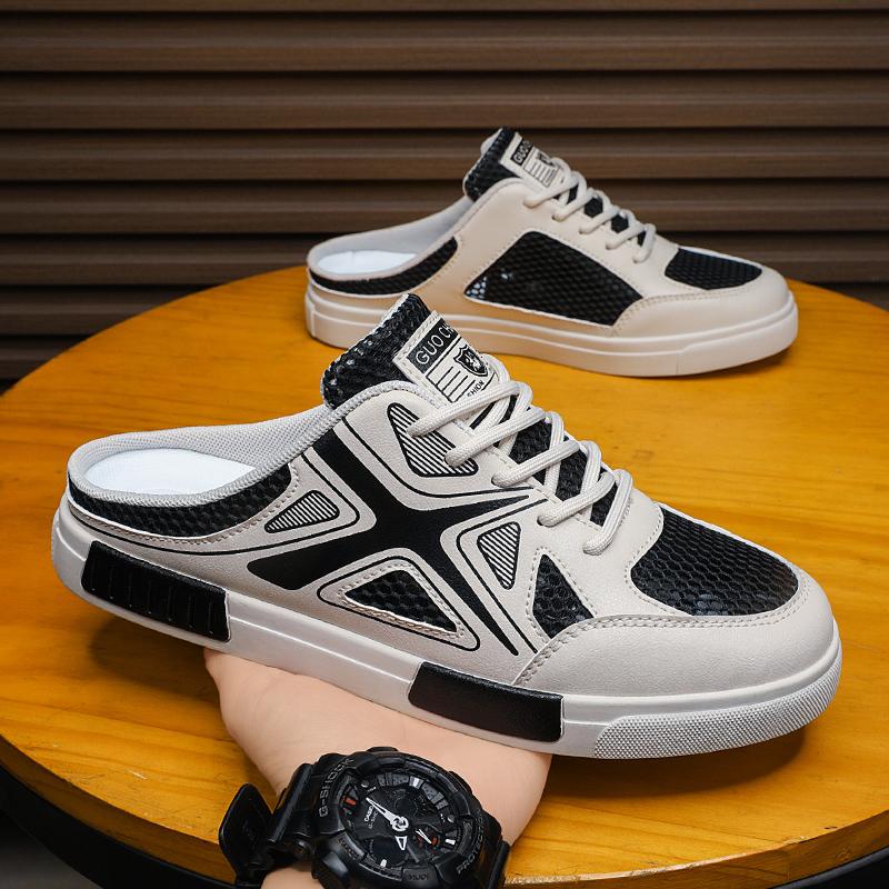 Oversized men's canvas shoes mesh half tray shoes summer sports and leisure fashionable hollow breathable sandals lazy slippers