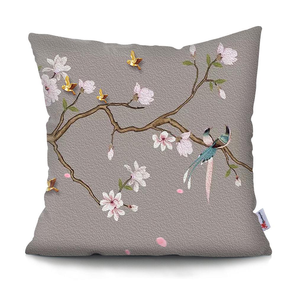 Square Chinese Landscape Painting Cushion Cover Vintage Plum Blossom Pillowcase