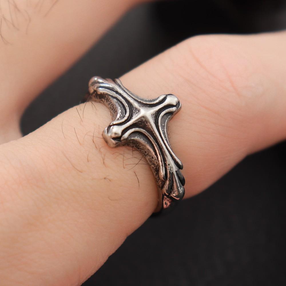 Trendy Handmade Ribbed Cross Minimalist Men s Open Ring Vintage Creative Punk Hip Hop Cool Personalized Jewelry Accessories resizable серебряный