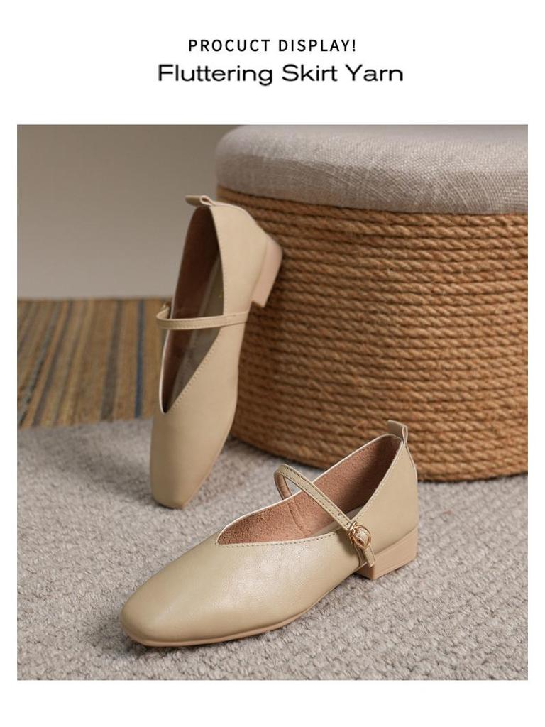 2023 Retro Low-Heeled Mary Jane Shoes: Square Toe, Soft Leather, Shallow-Mouth with Buckle Design for Women