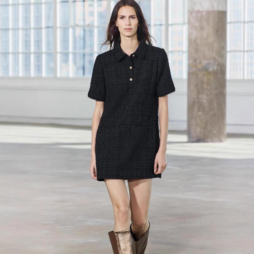 2024 Fall/Winter European & American Women's Textured Short Sleeve Shirt Dress with Turn-Down Collar