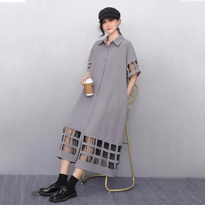 XITAO Hollow Out Patchwork Gauze Short Sleeve Dress GYX1621