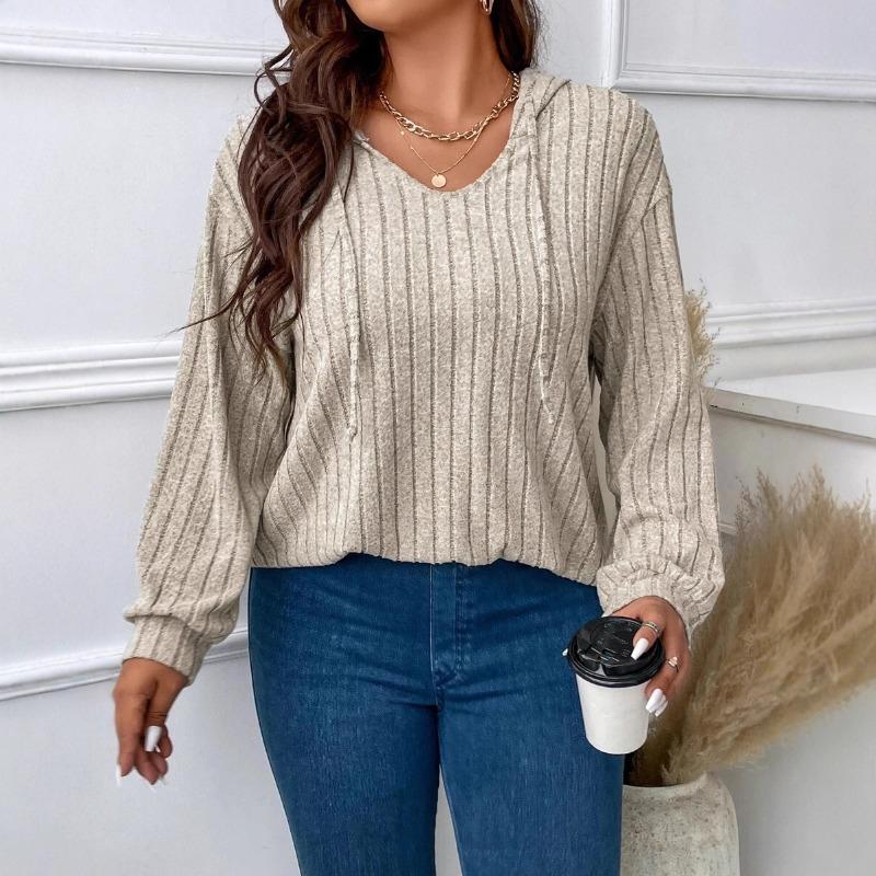Solid Color Loose Plus Size Hooded V Neck Long Sleeve Ribbed Brushed T Shirt Top