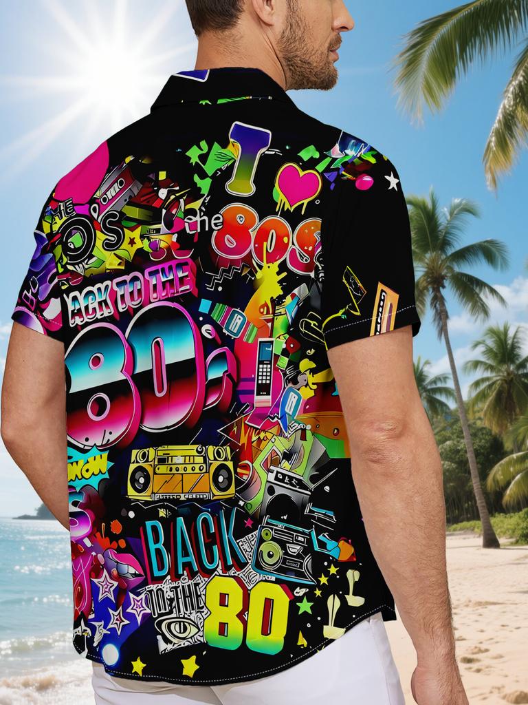 Men's Hawaiian Shirt with 80s Vintage Graffiti Style Poster Print, Colorful Patterns and Text, Casual Button-Up Short Sleeve Top