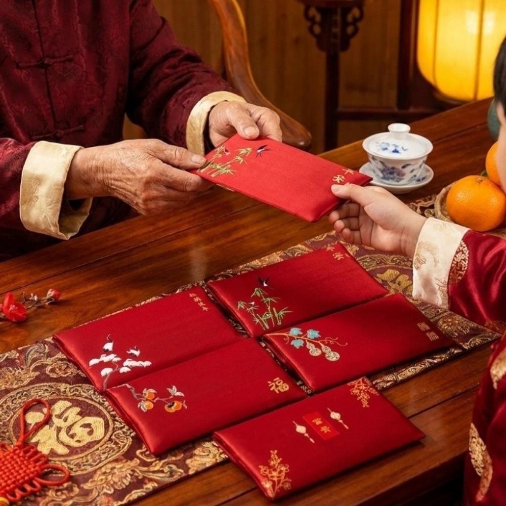 Satin Fabric Fabric Red Envelope Embroidery Pattern Red New Year Red Packet Large Capacity Best Wishes Lucky Money Bag