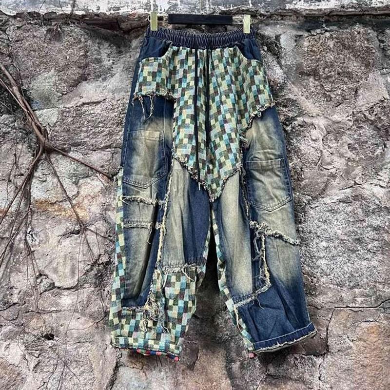 Womens Vintage Print Denim Jacket Baggy Pants Set Streetwear 2-Piece