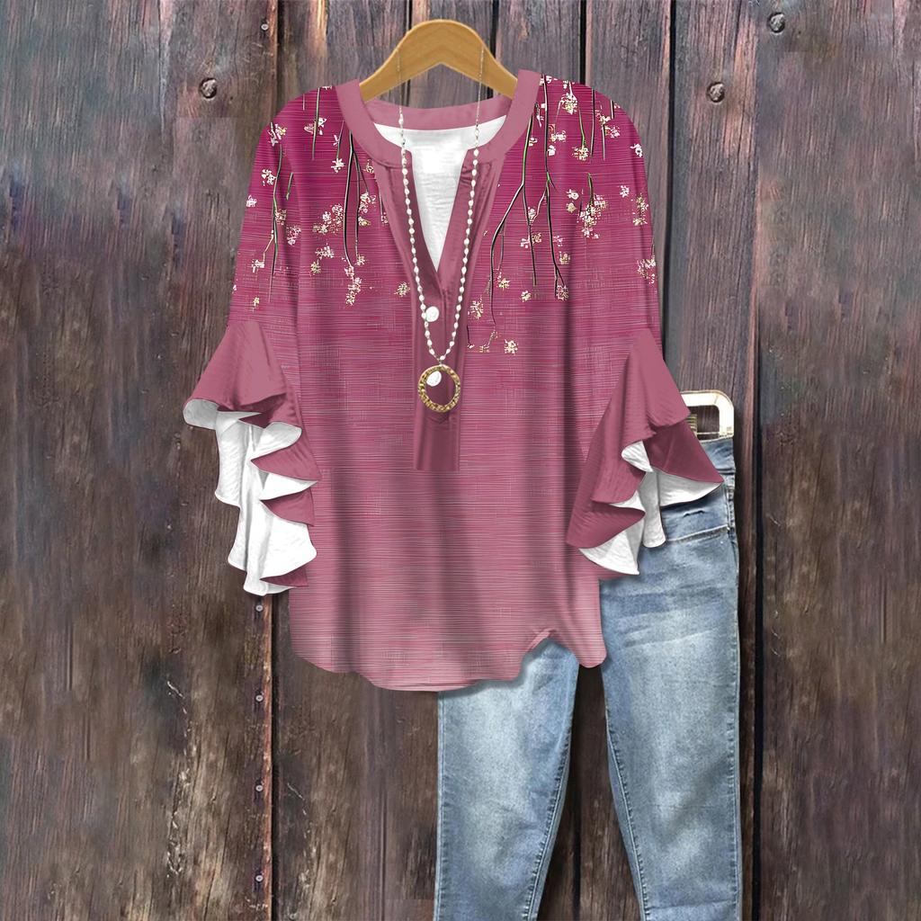 Summer Tops For Women Cute V Neck 3/4 Sleeve Blouses Floral Print Top Casual Shirts