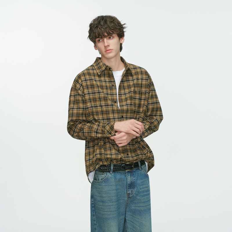 

Dream Made American Retro Plaid Brushed Long-Sleeved Shirt for Men, Autumn Ins Trendy Casual Plaid Shirt Curry color 2XL