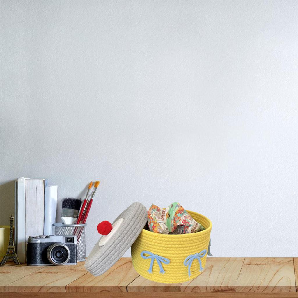 Cotton Rope Desktop Organizer Basket with Lid Handwoven for Storing Stationery and Cosmetics Bedroom Storage Solution