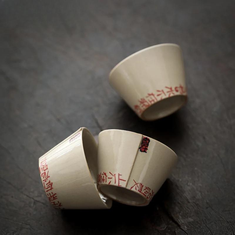 Creative Handwritten Poetry Teacup Retro Grass Wood Grey Cup Single Master Cup Puer Tea Bowl Meditation Cup Coffe Mug Drinkware