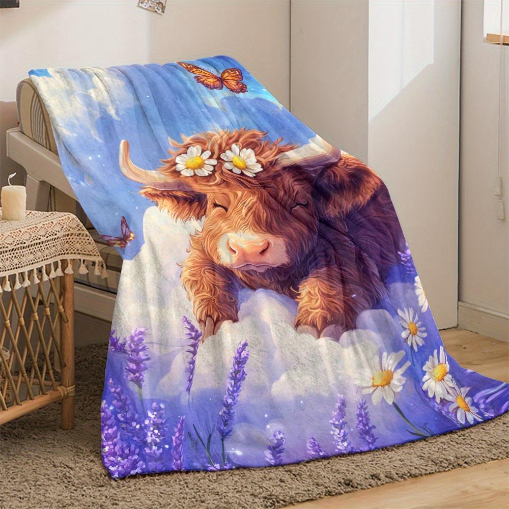 Cute Cow with Daisies Clouds Lavender Field Flannel Blanket Farm Animal Art Soft Cozy Blanket for Nursery or Bedroom Decor