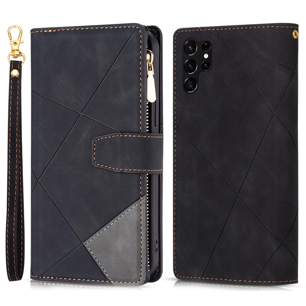 

For Samsung Galaxy S24 Ultra Case PU Leather Zipper Pocket Lines Imprinted Cover Black