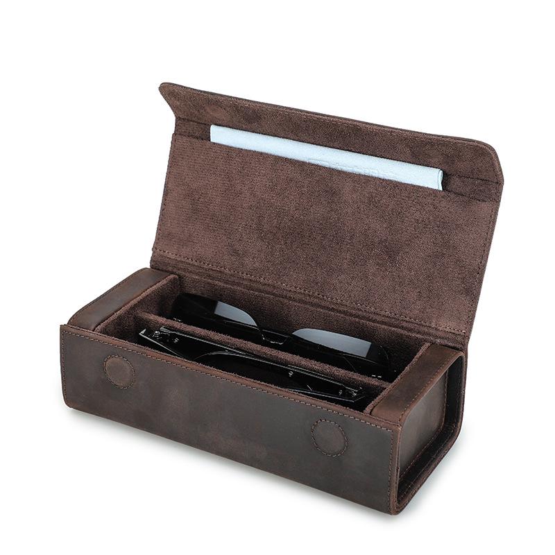 Estuche de Cuero Vintage Crazy Horse para Gafas - Hecho a Mano, Cierre Magnético a Presión, Almacenamiento para Viaje, Juego de 2